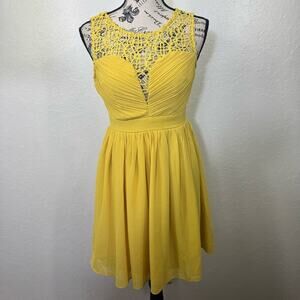 Maniju dress high neck crotchet‎ sleeveless flare prom Yellow Lace formal Dress